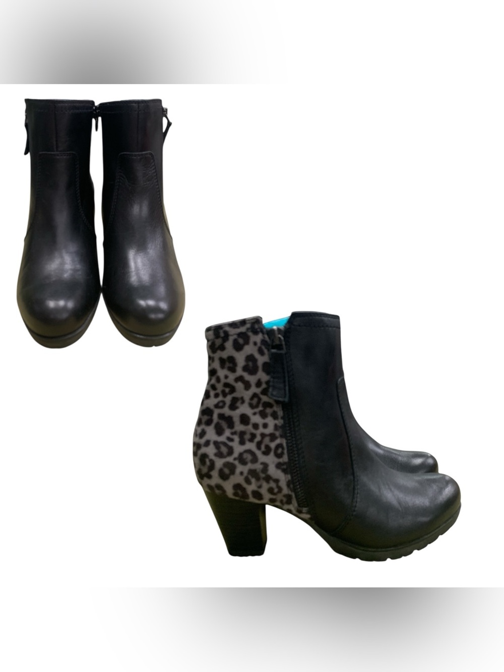 Black Leather Ankle Boots with Leopard Heel S7